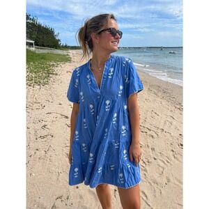Aspiga Blue Embroidered Cotton Tiered Dress Small Boho Beach